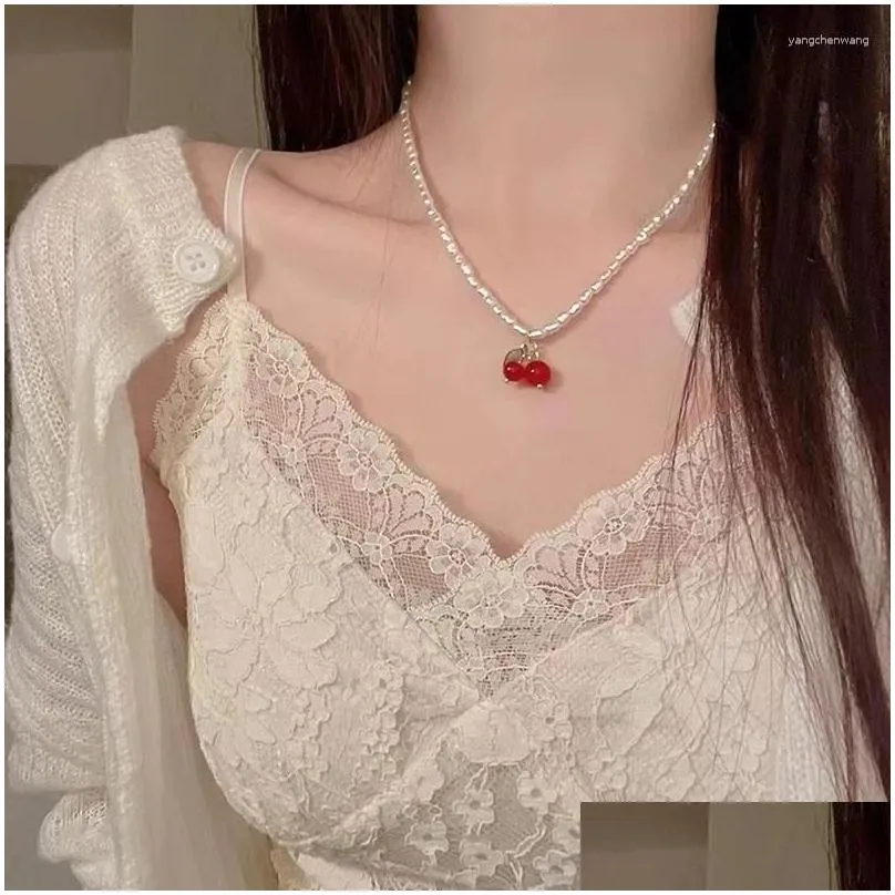 Chokers Choker Cute Cherry Pearl Necklace For Women Clavicle Chain Collar Girls Neck Chains Statement Jewelry Drop Delivery Necklace Otibd