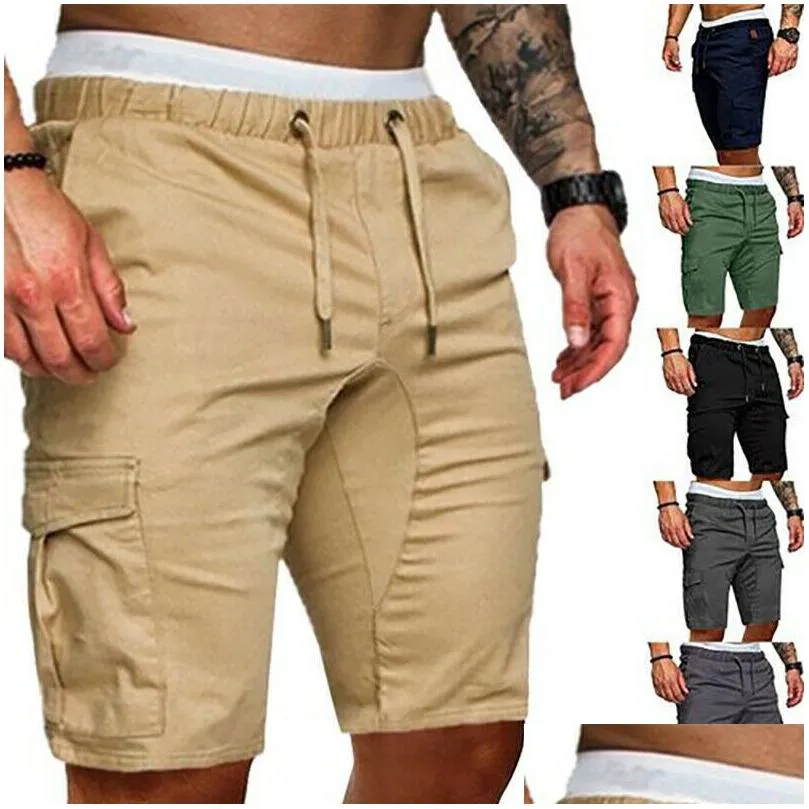 Men`S Shorts Mens Summer Casual Solid Color Pocket Gym Sport Running Workout Cargo Jogger Trousers Black Navy Blue Drop Delivery Appa Dhxca