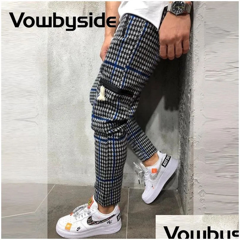 Men`S Pants Chic Plaid Stripes Print Zipper Pocket Design Casual Mens Dstring Slim Sporty Jogger Streerwear Men Clothing Drop Deliver Dhhu5