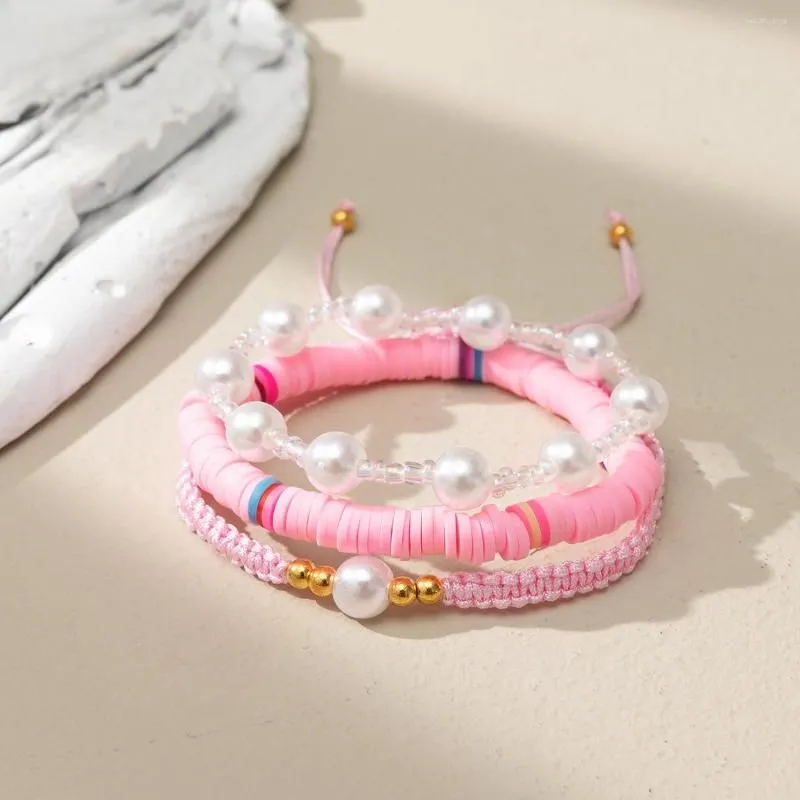 Strand Rice Bead Bracelet Pearl Adjustable Polymer Clay Simple Elastic Force Hand Knitting Bohemia Pink Beaded