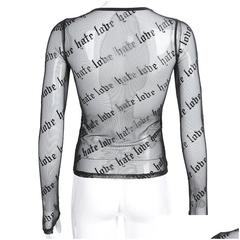 Women`S T-Shirt Women T-Shirts Lace See-Through Long Sleeve Top Tees Y Ladies Sheer O-Neck Tops Black Letter Printing Transparent Pers Dhqeb