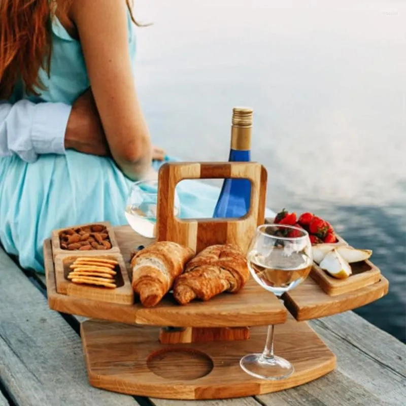 Camp Furniture Wooden Outdoor Picnic Table Portable Camping Removable Desk Wine Glass Rack Fruit Snack Tray For Party Drop
