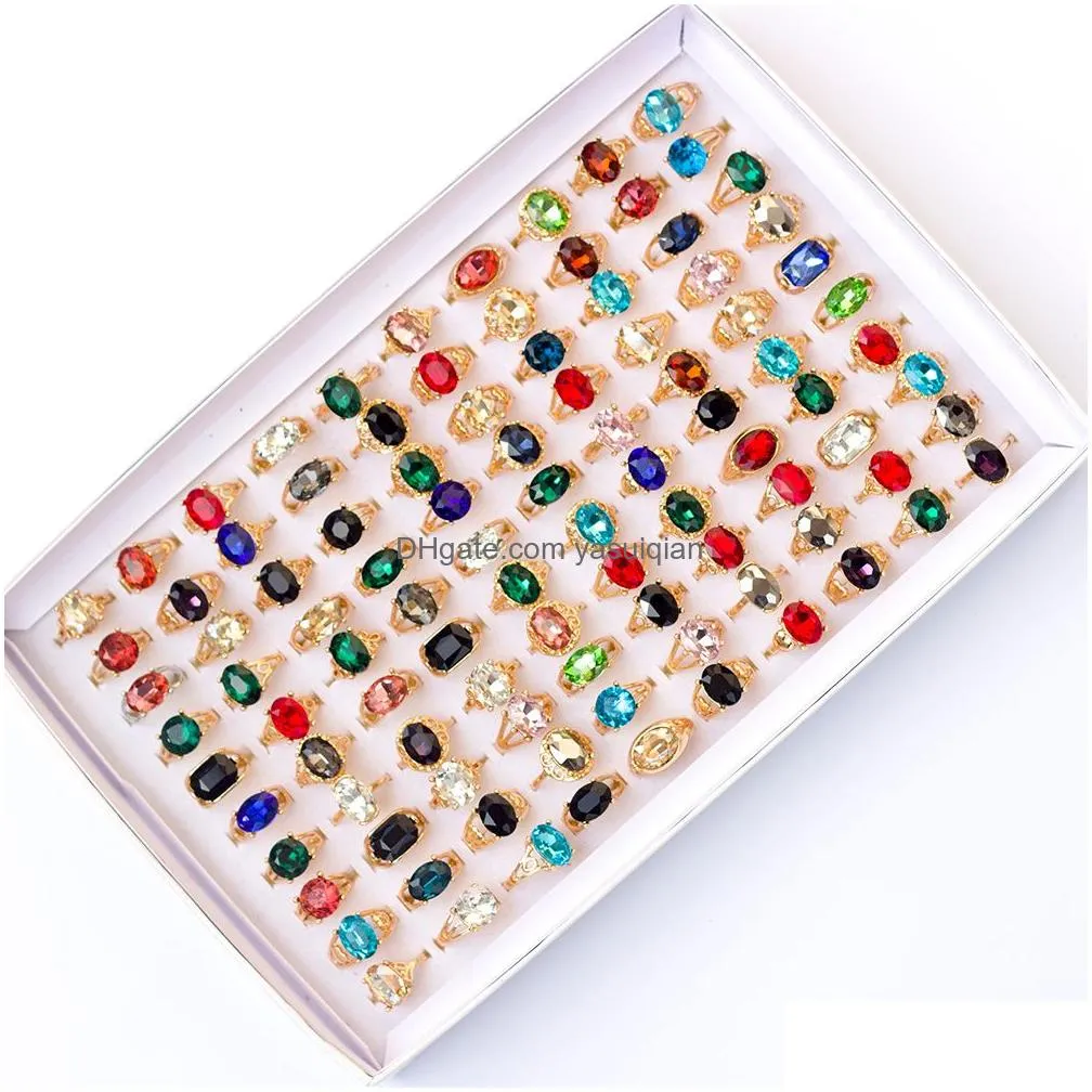 Band Rings Wholesale 50 Pieces/Lot Fashion Glass Crystal Imitation Gemstone For Women Gold Color Geometric Jewelry Party Gift Drop De Otgqi