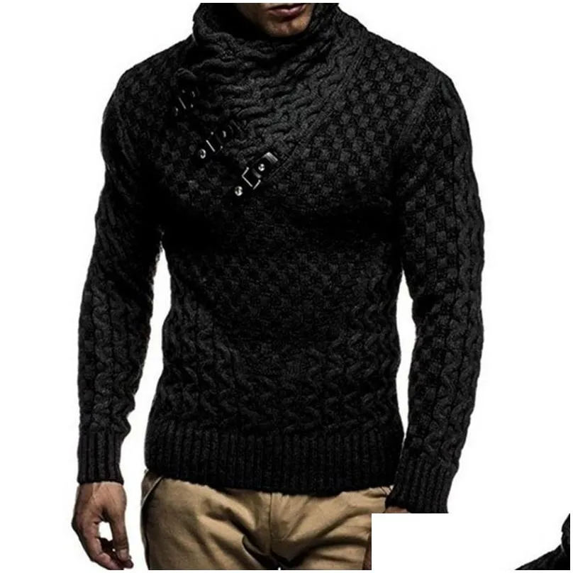 Men`S Sweaters Leather Buckle Coarse Sweater Men Turtleneck Mens Knitted Plover Casual Autumn Elastic Knitting Coat Knitwear Pl 3Xl D Dhhwk