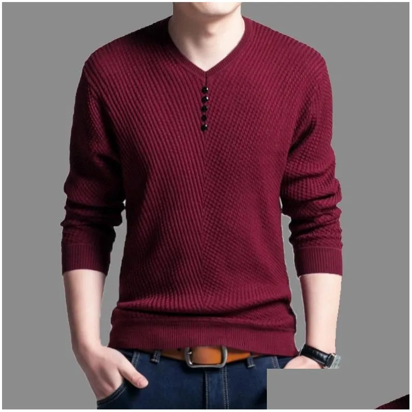 Men`S Sweaters Mens 2021 Henley Neck Sweater Fashion V-Neck Warm Slim Plover For Men Autumn Casual Long-Sleeve Homme Knittwear Drop D Dhtcr