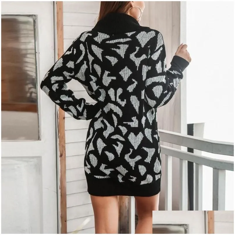 Casual Dresses Fall Women Leopard Print Sweater Dress Turtleneck Mini Long Sleeve Knitted Autumn Vestido Ocasional4550265