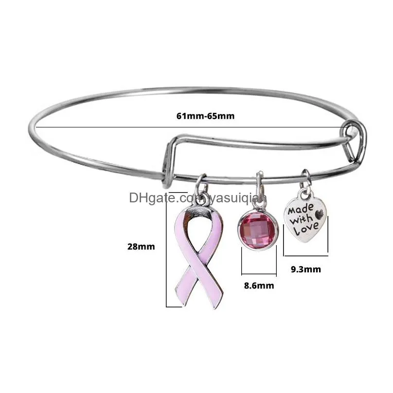 Charm Bracelets Women Pink Ribbon For Female Breast Cancer Awareness Extendable Sier Wire Bangle Nursing Survivor Jewelry Gift Drop D Dhmbb