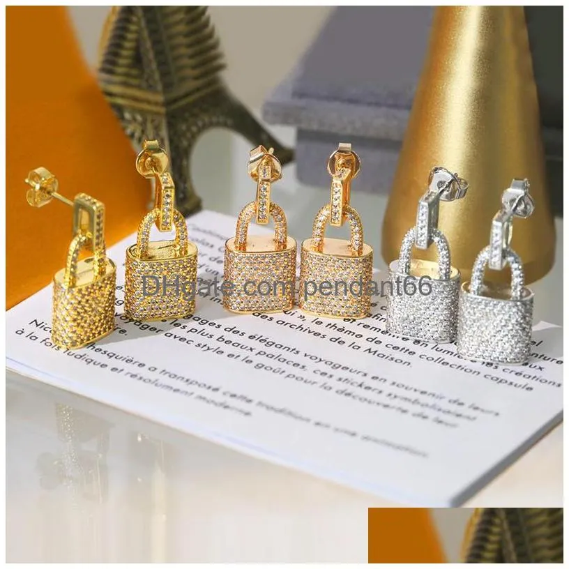 fashion luxury full diamond charm lock crystal earrings for women classic designer stud earrings high quality s925 silver earring