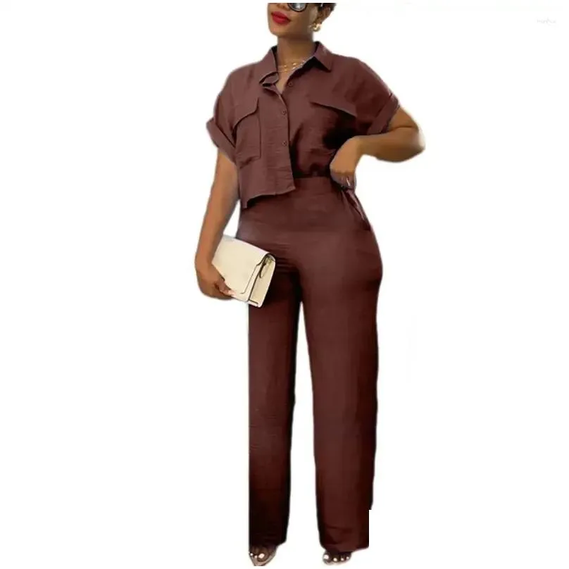 Women`S Two Piece Pants Womens Women Commute Suit Elegant Shirt Set With Turn-Down Collar Short Sleeves High Elastic Waist Solid Colo Otjne