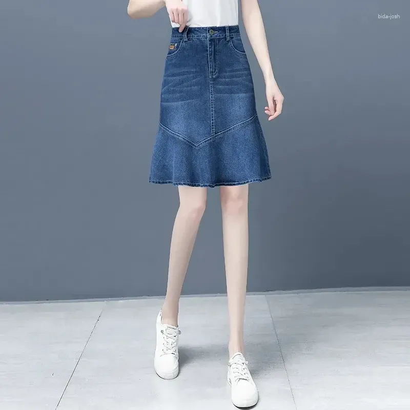 Skirts Denim Skirt For Women Spring Summer High-waisted Ruffle A-line Jeans Ladies Package Hips Fishtail Mini