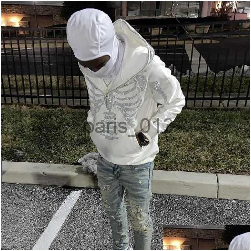 Mens Hoodies Sweatshirts Mens Hoodies Sweatshirts Fashion Skeleton Rhinestones White Zip up Hoodie Men Women Y2k Clothing Long Sleeve Sweatshirts Hip Hop