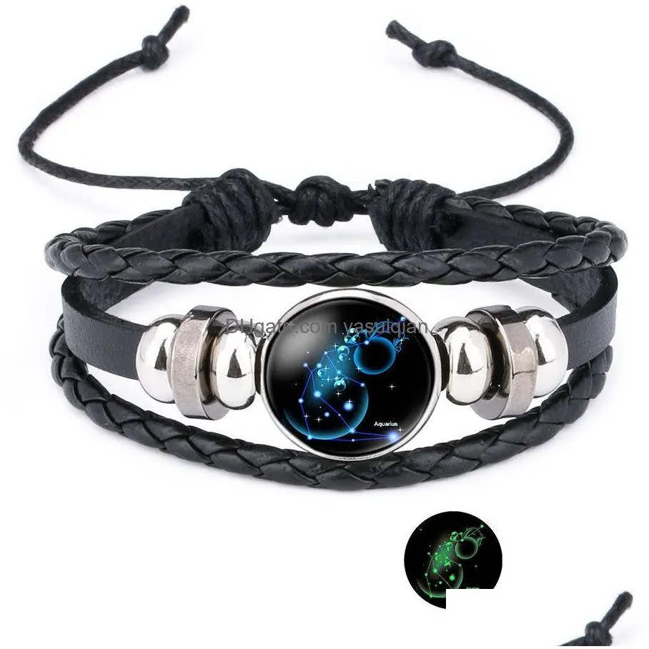Charm Bracelets 12 Zodiac Glow In The Dark Sign For Women Men 18Mm Ginger Snap Button Constellation Leather Rope Bangle Fashion Drop Dhbdx