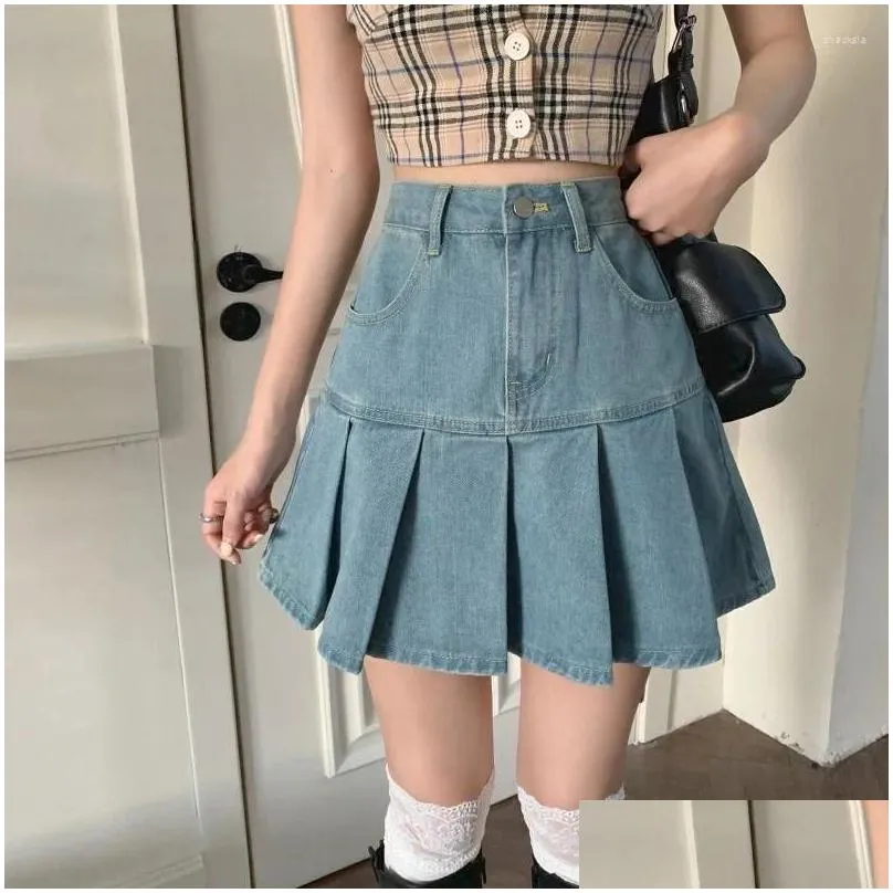 Skirts Casual Denim Mini Skirt Women Summer 2024 High-Waiste Harajuku Y2K Pleated Blue Japanese Korean Style Fashion Clothing