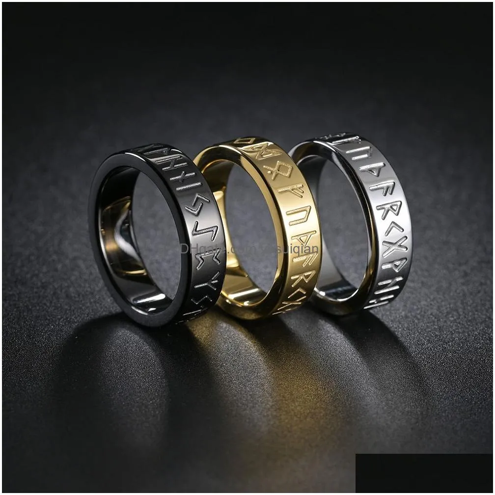 Band Rings Couple Titanium Steel Letter Rune Gold Stainless Ring For Men Fashion Jewelry Drop Delivery Otkyf