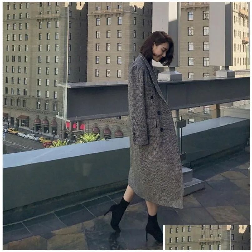 Two Piece Dress Women S Clothing 2 Set Autumn And Winter New Fashion Houndstooth Long Woolen Coat Bodycon Sheath Drop Delivery Appare Dhoms