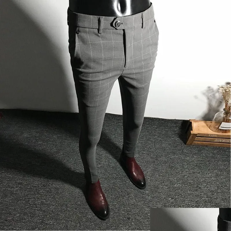 Mens Dress Pants Men Solid Color Slim Fit Male Social Business Casual Skinny Suit Trousers Asian Size 28-34