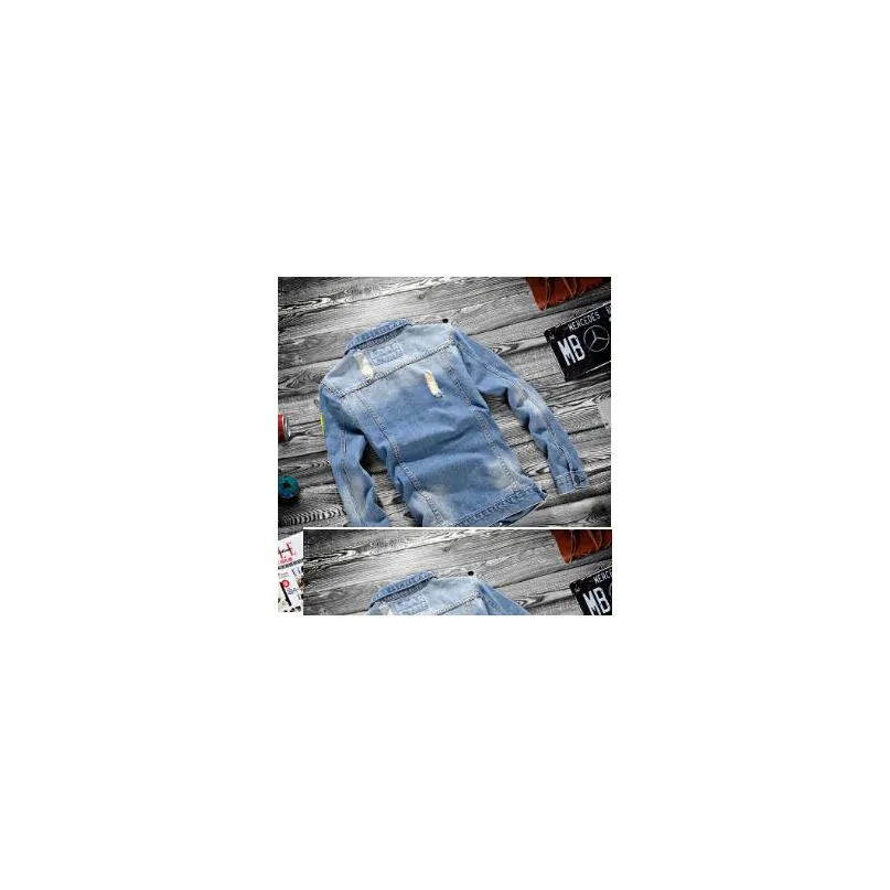 Men`S Jackets Men Spring New Jean Hip Hop Ripped Designer Denim Blue Coats Long Sleeved Single Breasted Jacket Clothing Drop Delivery Dhkis