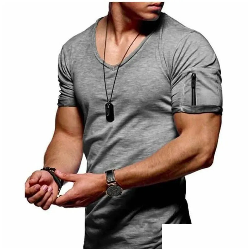 Men`S T-Shirts Mens 9 Colors T Shirts V-Neck Stretch T-Shirt Solid Color Zipper Design Short Sleeve Bottoming Shirt Casual Clothes Dro Dhac0
