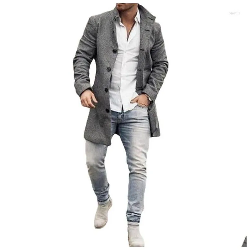 Men`S Wool & Blends Mens Single-Breasted Blend Coats Autumn Lapel Collar Retro Jacket Long Tops Outerwear Y Fashion Overcoat Drop Deli Dhmdj