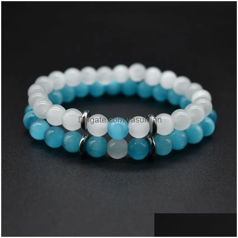 Beaded New 8Mm Blue White Opal Beads Chains Bracelet For Women Men Couple Healing Crystal Natural Stone Strands Bangle Fashion Jewelr Dh8Xq