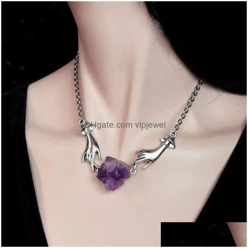 Pendant Necklaces Fashion Natural Crystal Rough Stone Amethyst Energy Healing Gemstone Necklace Charms Mineral Jewelry For Women Dro Dhq2V