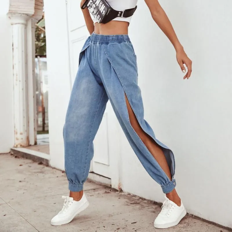 Fashion Jeans Women Casual Loose Ladies` High Waist Denim Split Legs Denim Sports Pants Korean Streetwear Jeans mujer L42