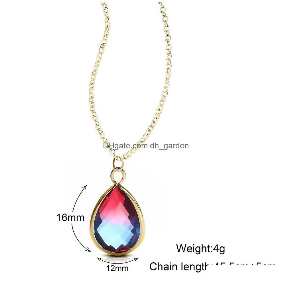 Pendant Necklaces Rainbow Gradient Color Teardrop Glass Crystal Pendant Necklaces For Women Gold Plating Adjusable Fashion W Dhgarden