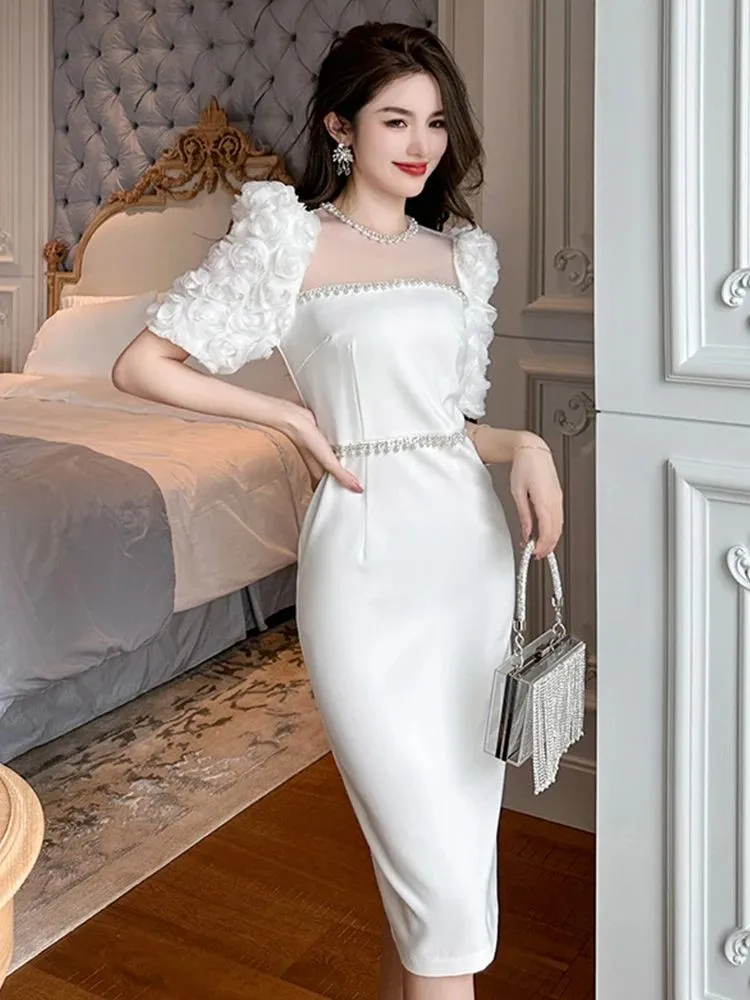 Basic Casual Women Dresses Summer New Formal Dress Sweet Celebrity Beaded White Long Dress Sheer Mesh Flowers Split Slim Robe Femme Prom Party Vestido