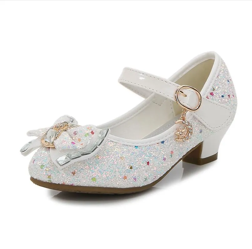 Brand Bow High Heel Shoes for Girls Princess Shoes Children Sequin Leather Shoes Kids Party Wedding Bling Glitter Crystal Shoe