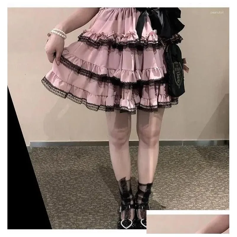 Skirts Japanese Kawaii Mini Cake Skirt Womens Black Casual Elegant Lolita Sexy High Waist Lace Y2k Aesthetic Sweet Gothic Faldas