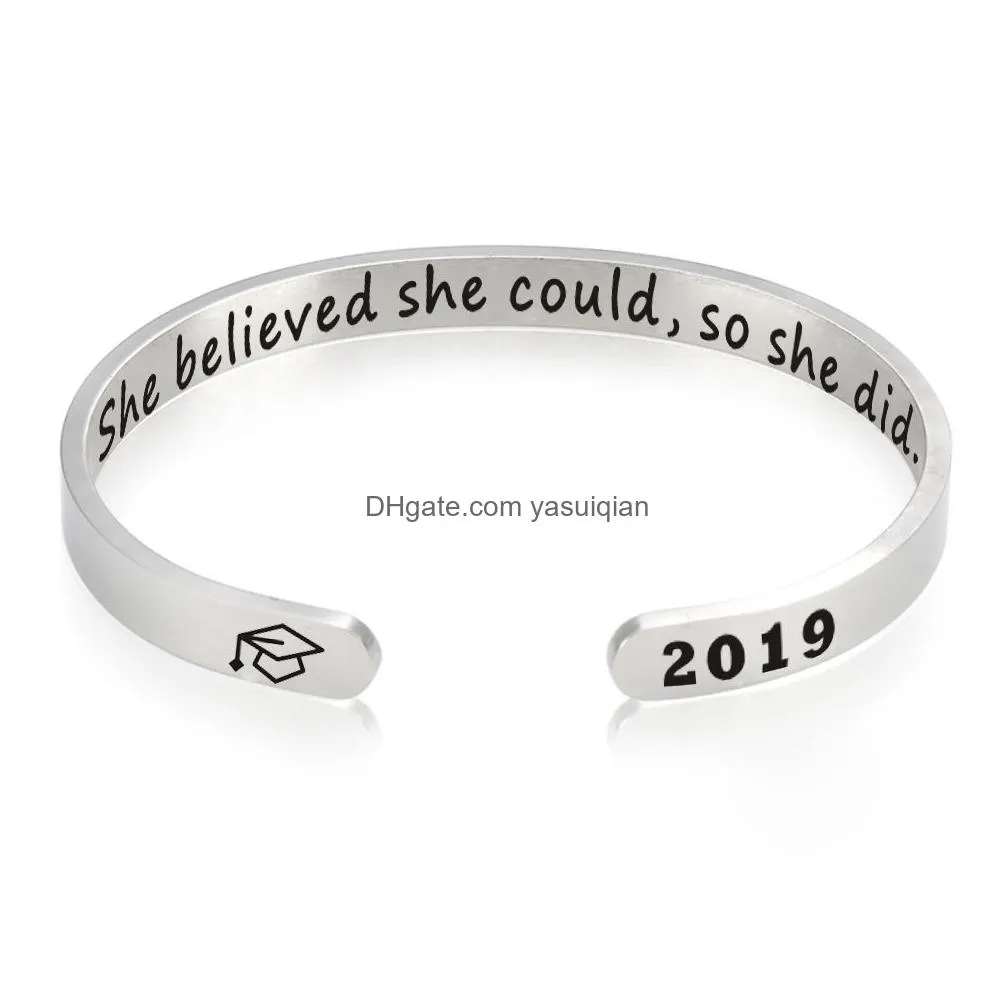 Cuff She Believed Cod So Did Open Bracelet For Women Men Letter Bachelor Cap Stainless Steel Inspirational Bangle Jewelry Drop Delive Dhz8V