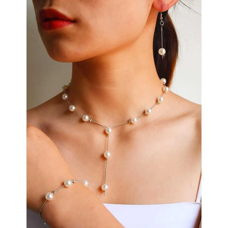 Charm Bracelets Daily Jewelry Make You Fashionable Sweet OL Elegant Pearl Simple Temperament Necklace Earring Bracelet Set Z0426