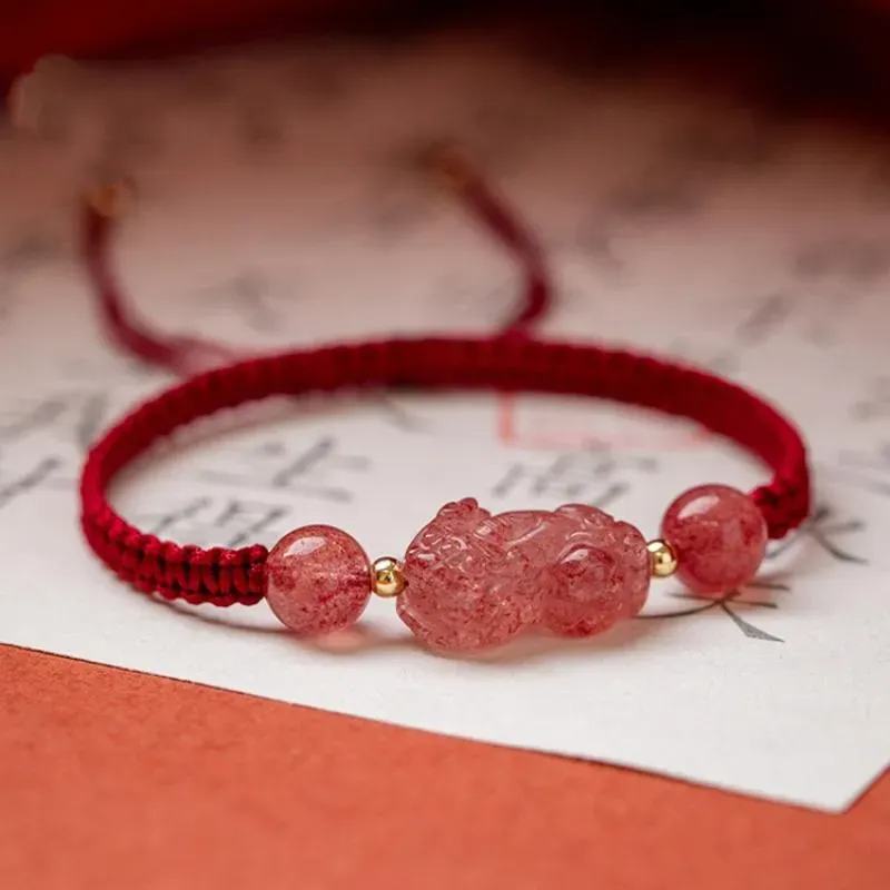 Charm Bracelets Handmade Women`s Bracelet Natural Stone Strawberry Crystal Brave Troops Red Rope Woven Lucky
