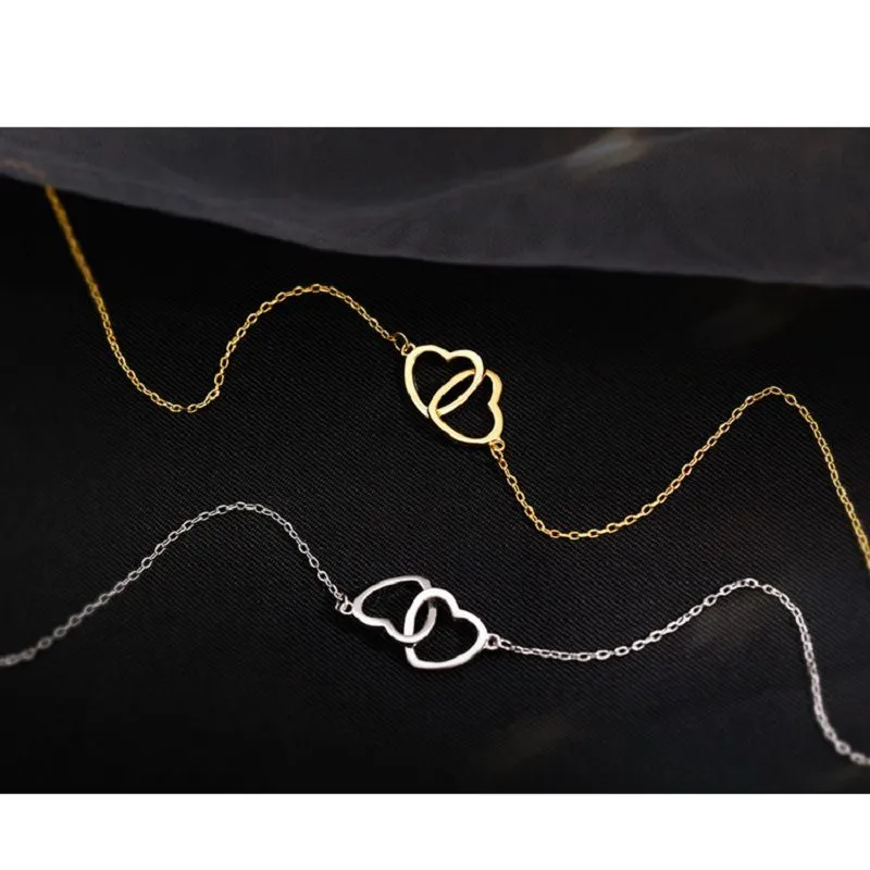 Gold Silver Color Geometric Double Heart Necklace Simple Love Hollow Female Clavicle Chain Wedding Jewelry Gifts Choker