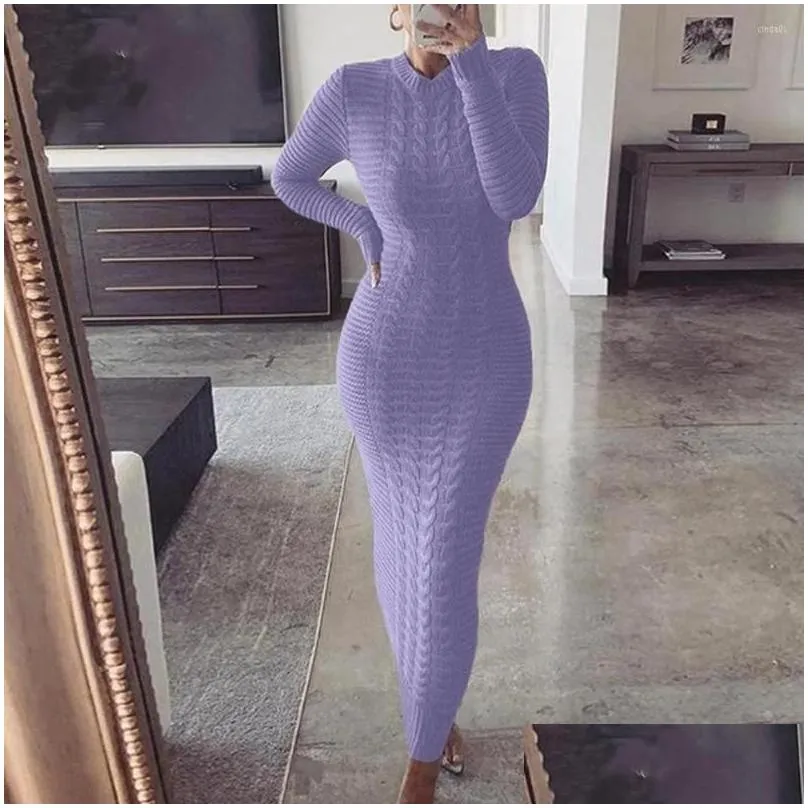 Basic & Casual Dresses Winter Thicken Turtleneck Sweater Maxi Dress Women Lace Up Knitted Long Female Knitwear Soft Vestidos Drop Del Dhhka