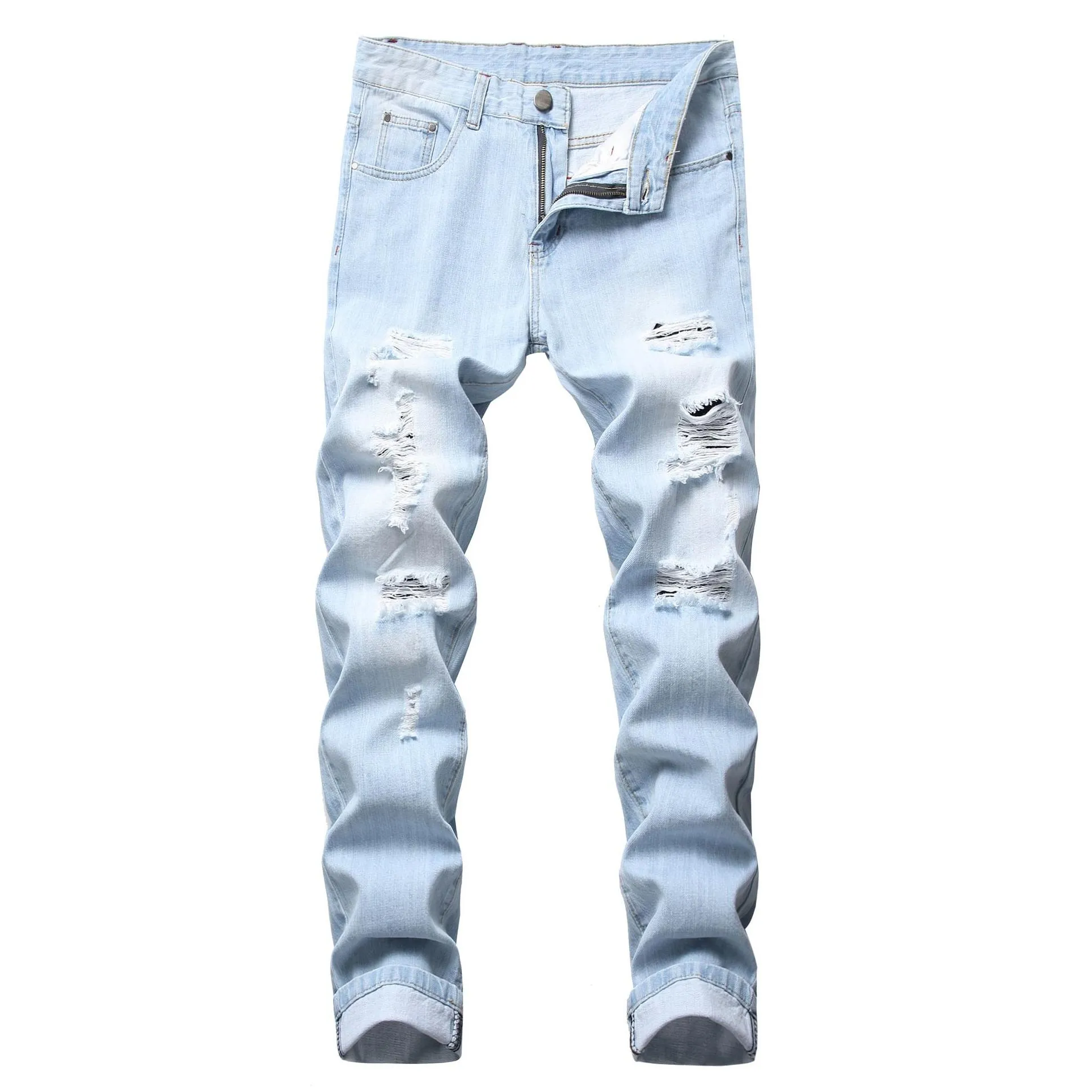 Men`S Jeans Mens Light Color Slim Fit Hole High Street Blue Non-Elastic Casual Fashion Urban Stretwear Drop Delivery Apparel Clothing Dhfaz