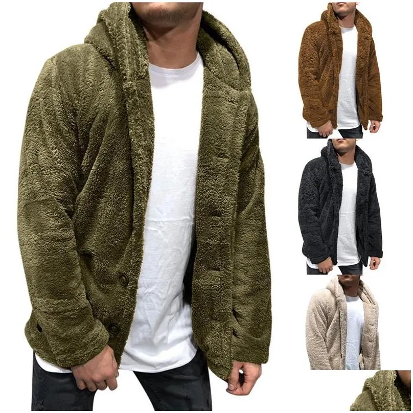 Men`S Jackets Mens Buttons Coat Warm Faux Winter Casual Loose Double-Sided P Hoodie Fluffy Fleece Fur Jacket Hoodies Outerwear Drop De Dhzmq