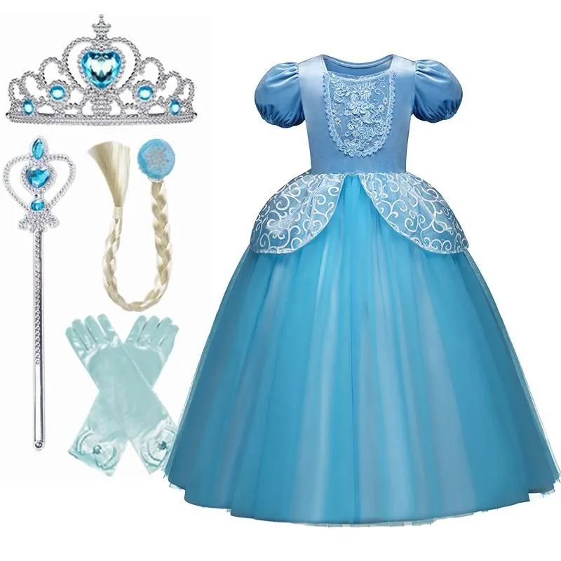 Girl`s Dresses Princess Dress Girl Birthday Halloween Costume For Girls Children Clothing Cosplay Clothes Blue Long Gown Fancy Kids