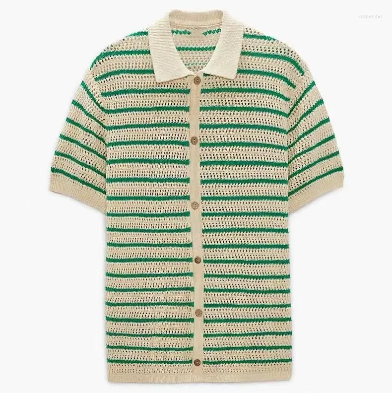 Men`s Polos Summer Fashion Vintage Knit Polo Shirt Men High Quality Stripe Color Matching Top Casual Cardigan Short Sleeve
