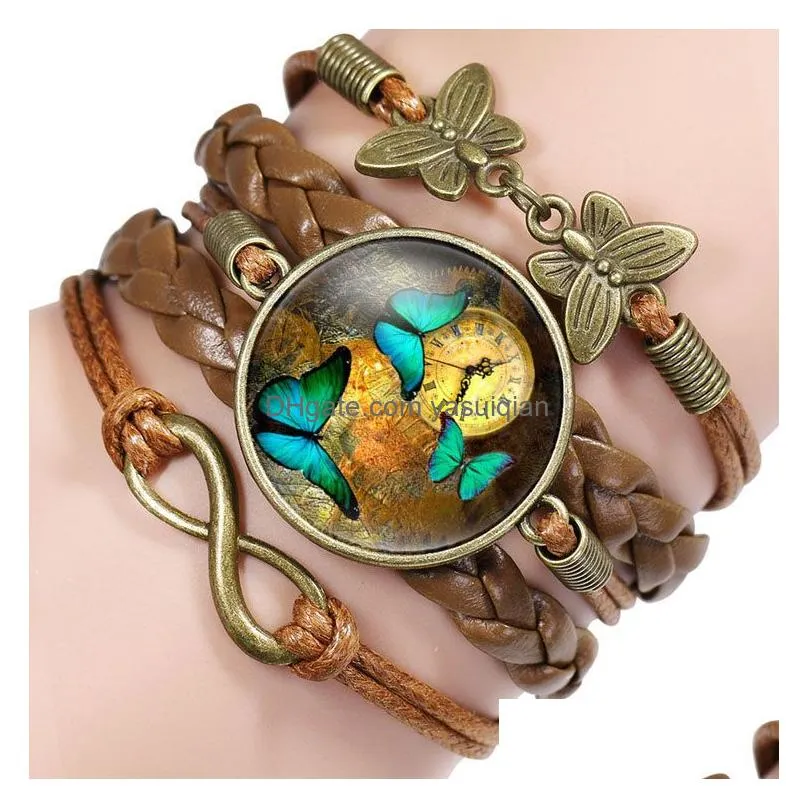 Charm Bracelets Vintage Butterfly Leather For Women Glass Cabochon Animal Weaving Rope Wrap Bangle Fashion Jewelry Gift Drop Delivery Dhlzn
