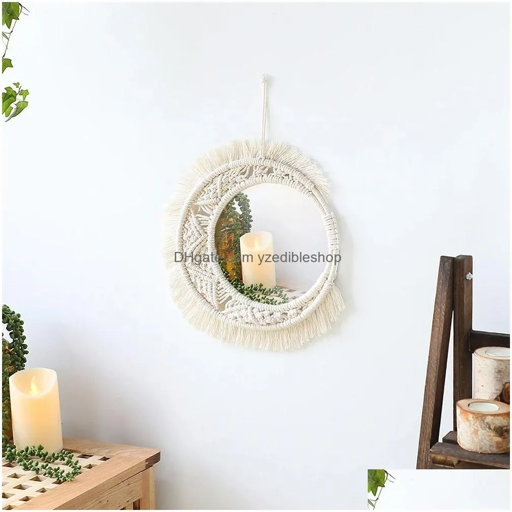 boho macrame round mirror decorative mirrors aesthetic room decor hanging wall mirror for bedroom living room house decoration