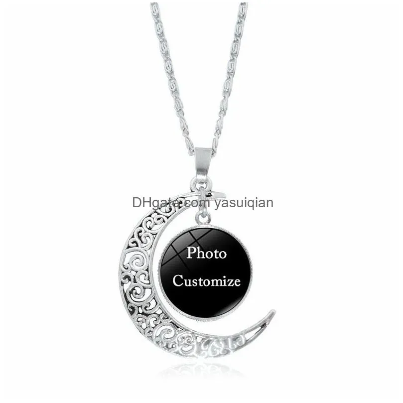Pendant Necklaces Custom Made Po Moon Necklace For Women Men Personalized Glass Cabochon Picture Charm Chains Fashion Jewelry Gift Dro Dh2Zk