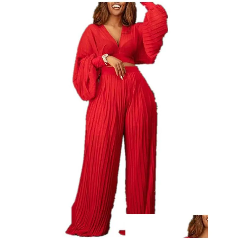 Women`S Two Piece Pants Womens Women Elegant Loose Suits Long Sleeve V Neck Crop Top Wide Leg Pleated Set Drop Delivery Apparel Cloth Dhvia