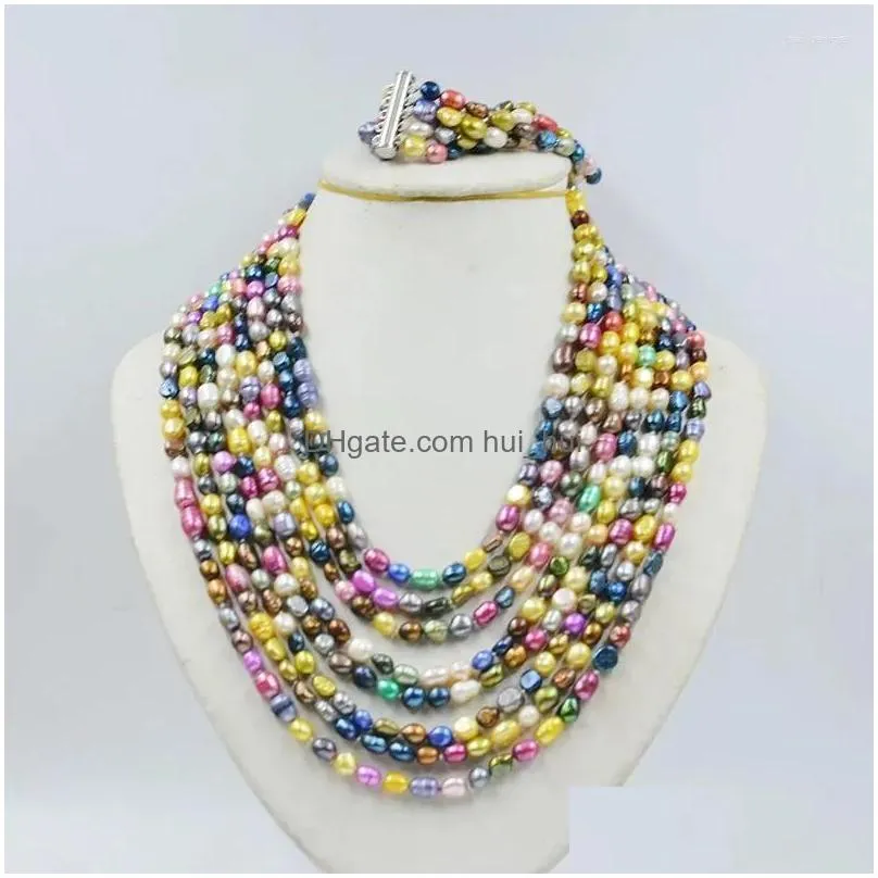 necklace earrings set 8 rows 5-6 mm profusion colour layer freshwater pearl bracelet