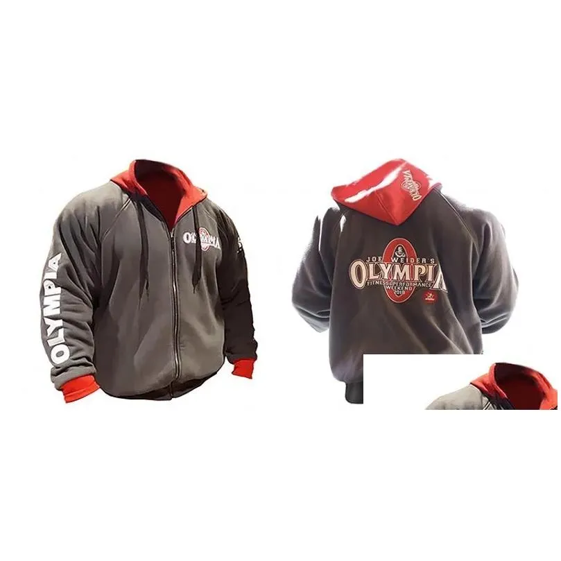 OLYMPIA Men Gyms Hoodies Gym Fitness Bodybuilding Sweatshirt Zipper Closure Sportswear Male Workout Hooded Jacket Clothing