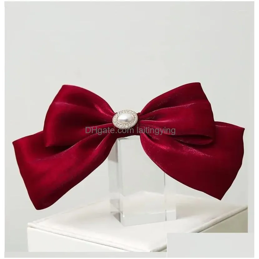 hair accessories temperament red bowknot hairpins solid color for sweet girls satin zircon imitation pearl kids barrettes jewelry drop