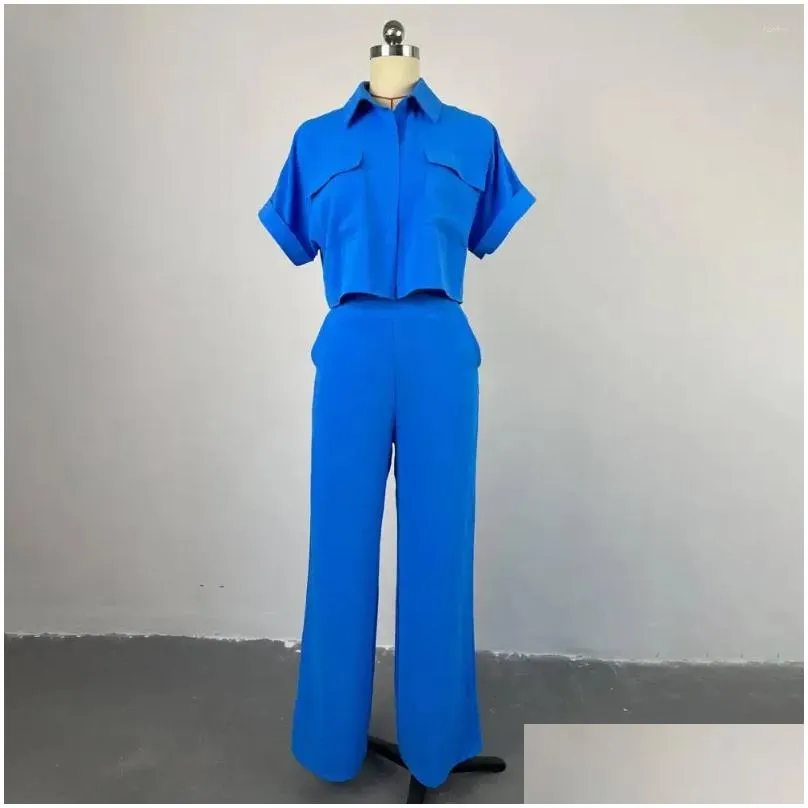 Women`S Two Piece Pants Womens Women Commute Suit Elegant Shirt Set With Turn-Down Collar Short Sleeves High Elastic Waist Solid Colo Otjne