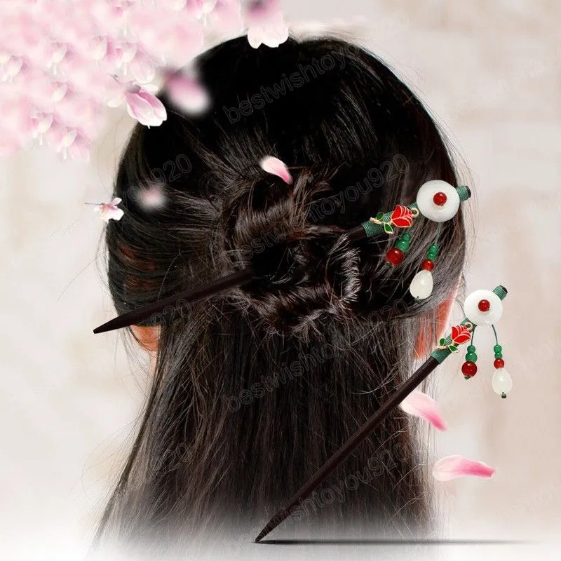Fashion Vintage Wooden Hair Sticks Long Tassels Flower Hair Forks Chinese Style Handmade Hairpin Retro Bride Hair Accessories