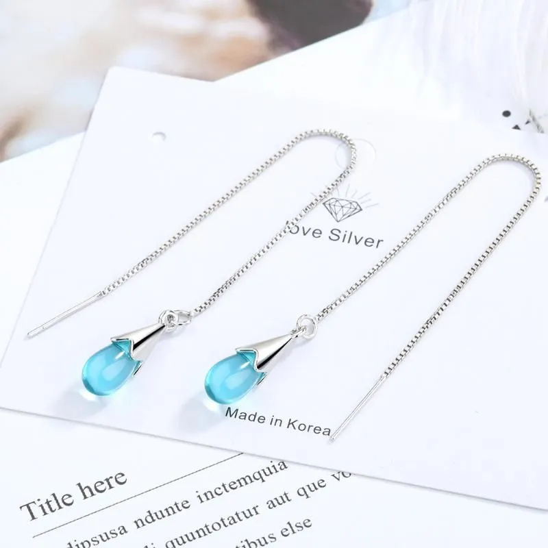 Dangle & Chandelier Fashion Blue Teardrop Crystal Drop Earrings For Women Silver Color Long Tassel Threader Chain Korean Aesthetic
