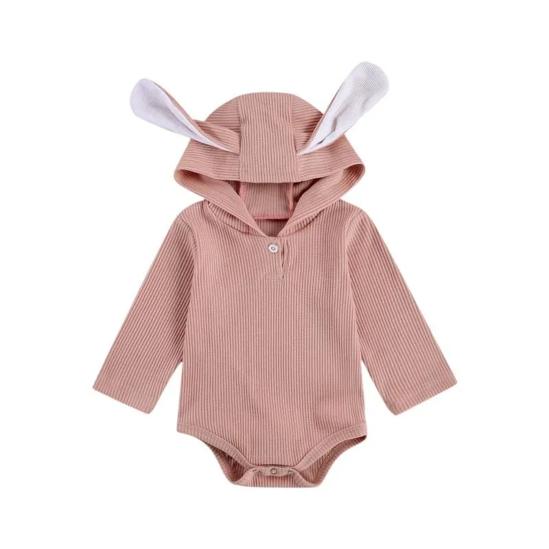 Born Baby Girls Boys Romper Solid Bear Ear Hooded Long Sleeve Button Lovely Jumpsuits 0-18M